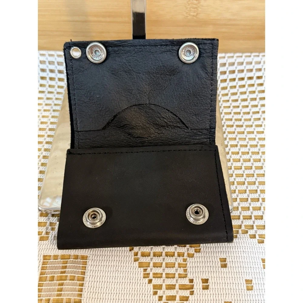 Men's Biker Trifold Wallet Black Genuine Leather Skull Studded Gothic Rocker